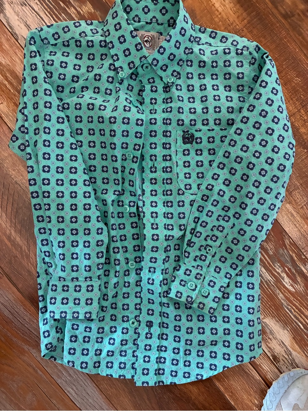 Cinch Boy's Turquoise Button-Down Shirt with Navy Floral Print XS (4-5)